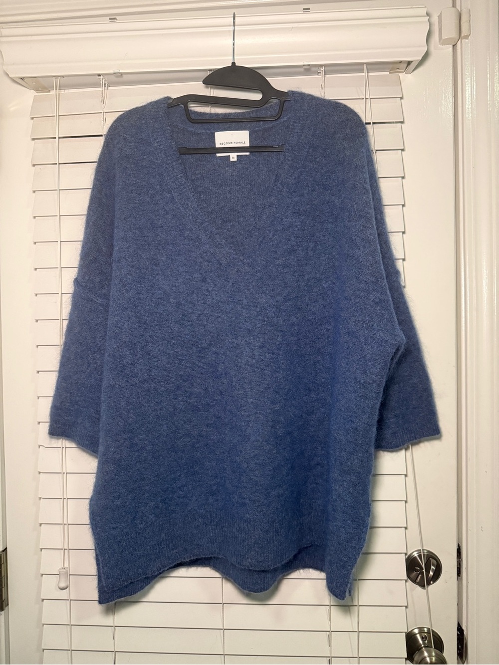 Second Female Cozy V-Neck Relaxed Sweater in Blue 3/4 Sleeve Mohair Wool Blend